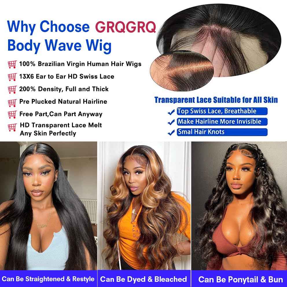 GRQGRQ 30 Inch 13x6 Lace Front Wigs Human Hair Wig 200% Density Body Wave Lace Front Wigs Human Hair Pre Plucked Glueless Wigs 13x6 HD Lace Frontal Wigs for Women Glueless Wigs Human Hair Pre Plucked