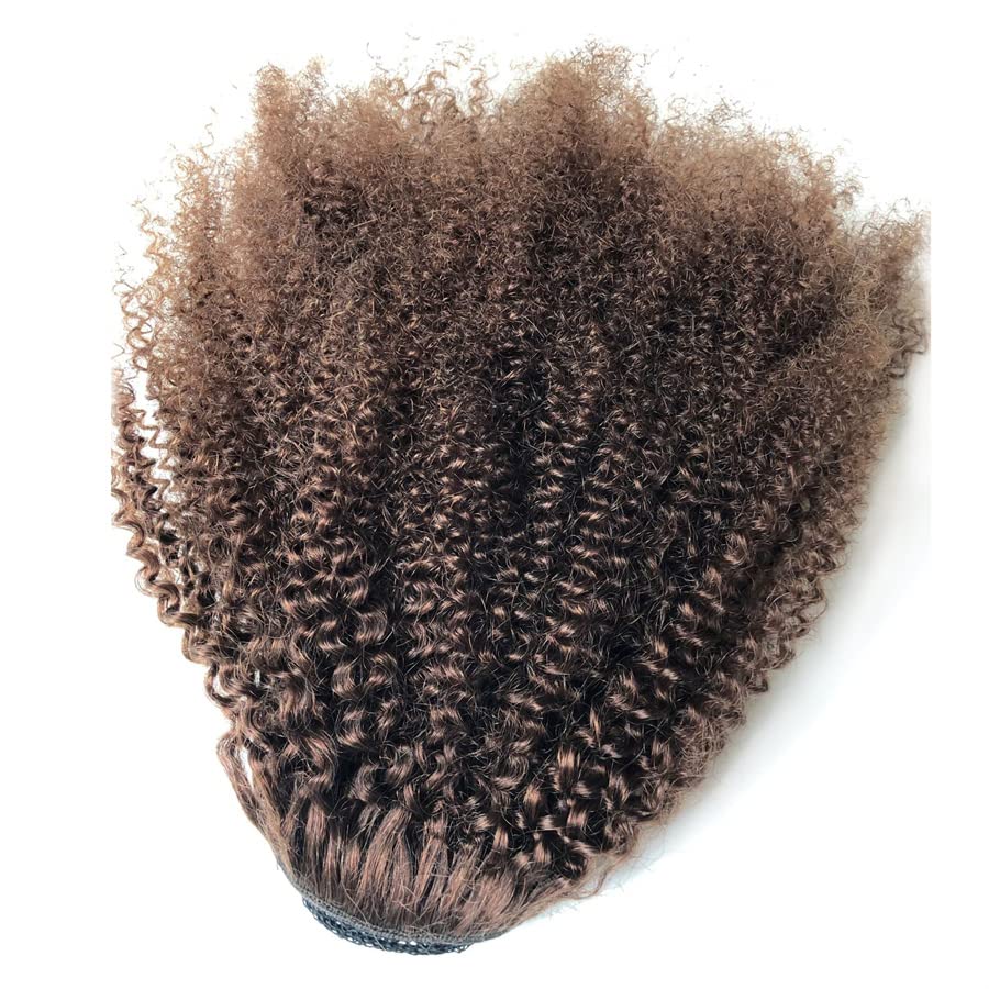 GREEMEO Afro Puffy Human Hair Ponytail Extensions Drawstring 100% Real Remy Hair Afro Kinkys Curly Bun Extension With Two Combs #4 Medium Brown 10 Inches