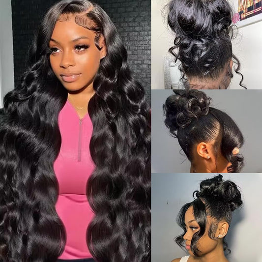 PRUWIGS 360 Lace Front Wigs Human Hair Body Wave 200% Density 20 Inch Upgraded Hidden Straps 360 HD Full Lace Wigs Human Hair With Drawstring Pre Plucked With Baby Hair for Women Natural Black