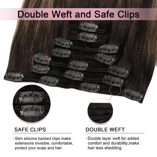 Sweetmet Pro2.0 Clip in Hair Extensions Real Human Hair 120g Thick 7pcs Color #2/6/2 Balayage Dark Brown to Chestnut Brown Remy Real Human Hair Extensions Clip ins 14inch Double Weft（#2/6/2-14inch）