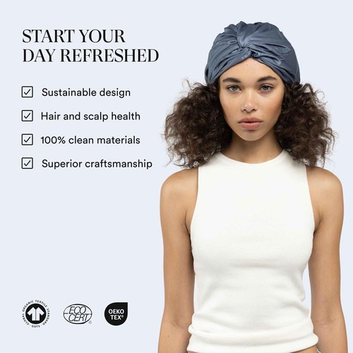 Essentials by Clementine Organic Hair Bonnet in Blue Lagoon | Silver Ion Silk Lined Bamboo Sleep Cap for Frizz-Free, Curly Hair, and Scalp Health