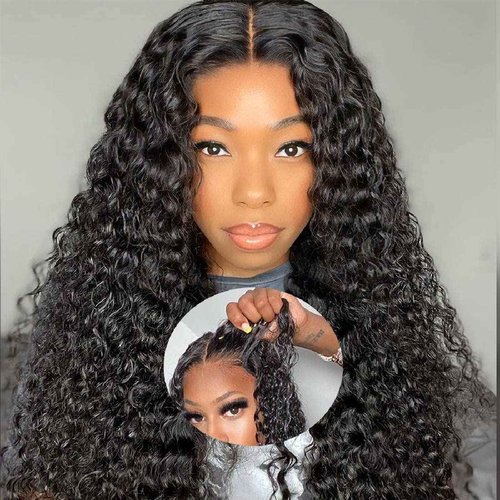 Domiso Glueless Deep Wave Lace Front Wig, 100% Brazilian Human Hair, Medium Size, Removable Elastic Band, No Shedding, No Tangle, No Glue, No Gel, Easy Wear, Comfortable, Fast Delivery
