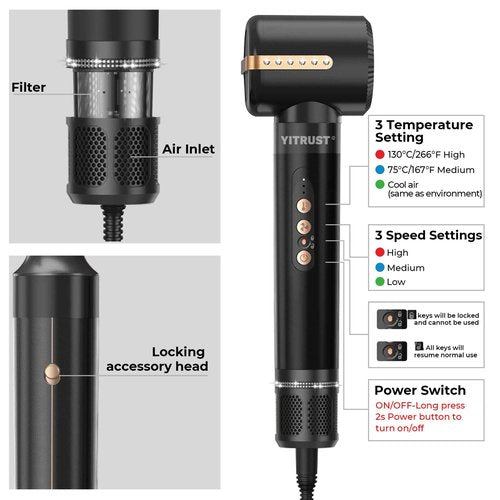 Blow Dryer Brush 7inONE,110000RPM High-Speed Negative Ionic Hair Dryer with Diffuser Concentrator,Curling Iron Hair Straightener Round Brush Blow Out Magic Styler,Volumizing Air Styler (Black Gold)