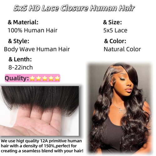 5x5 HD Lace Closure Body Wave Transparent HD Lace Closure Human Hair 12A Brazilian Virgin Human Hair Closure Free Part Pre Plucked with Baby Hair Natural Color 22 Inch
