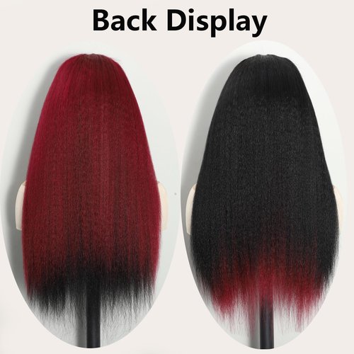 Sogram Wear and Go Glueless Yaki Straight Human Hair Wig Double Wear Wig No Glue Transparent HD Lace Wig 4x4 Kinky Straight Lace Closure Wigs Human Hair 180% Density 22 Inch (Red and Black)