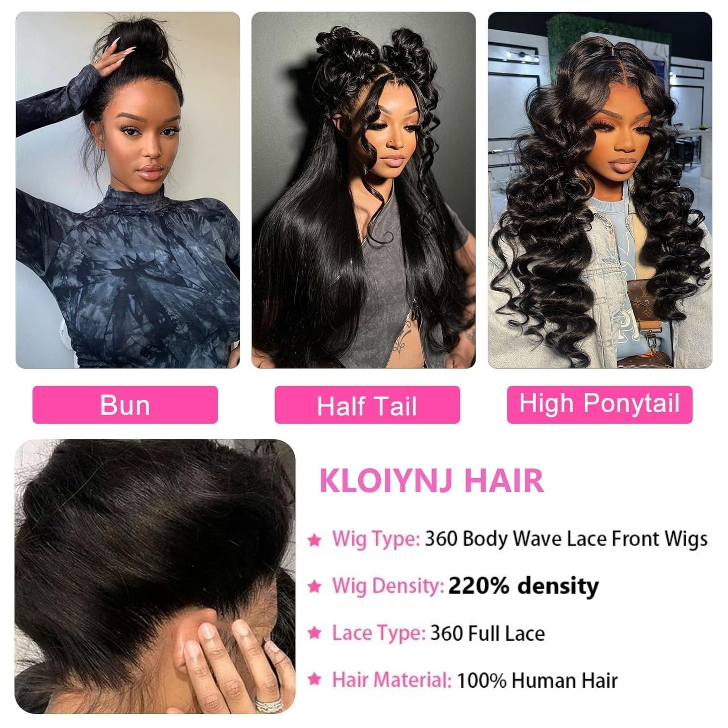 Kloiynj 360 Lace Front Wigs - 220% Density Body Wave HD Lace Front Wigs - Brazilian Virgin 16 Inch - Full Lace Wigs Pre Plucked with Baby Hair - Natural Color