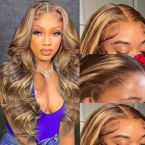 Yllies Honey Blonde Highlight Ombre Middle Part Lace Front Wigs Human Hair T Part HD Transparent Lace Body Wave Wigs 180% Density Brazilian Human Hair 4/27 Colored Glueless Wigs for Women(20 Inch)