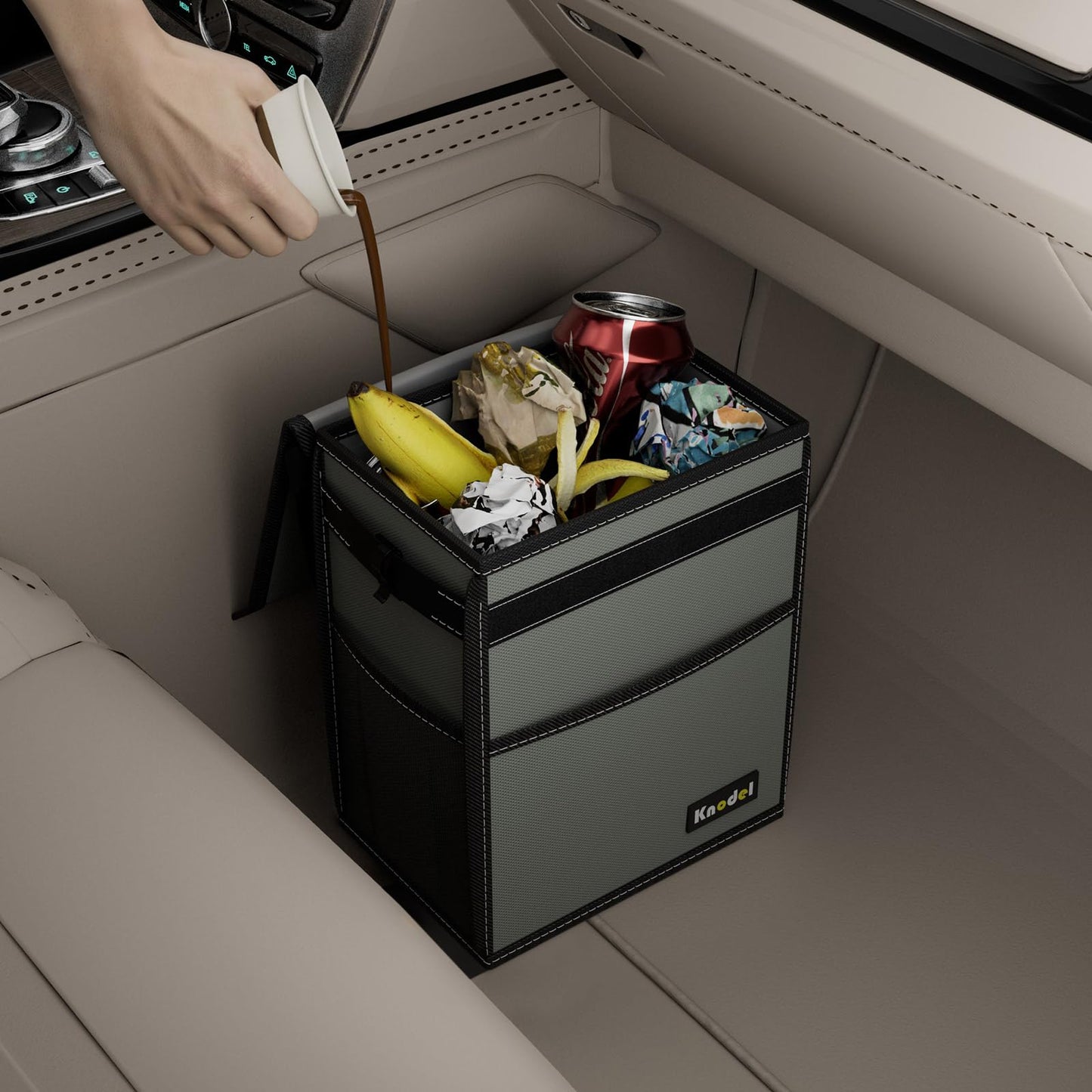 K KNODEL Car Trash Can, Waterproof Garbage Can, Trash Bag with Lid, Leak-Proof Car Bin, Trash Hanging Bag for SUV (Medium, Gray)