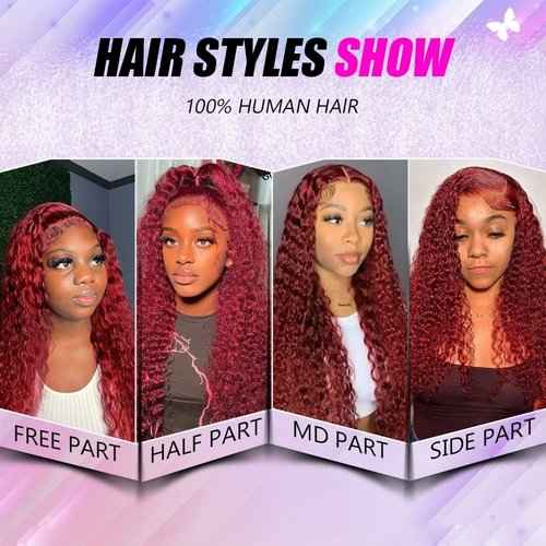 Burgundy Red 13x4 Lace Front Wigs with Natural Deep Wave, Transparent Lace and Baby Hair, Pre-Plucked Human Hair Curly Wig for Black Women 16 Inch