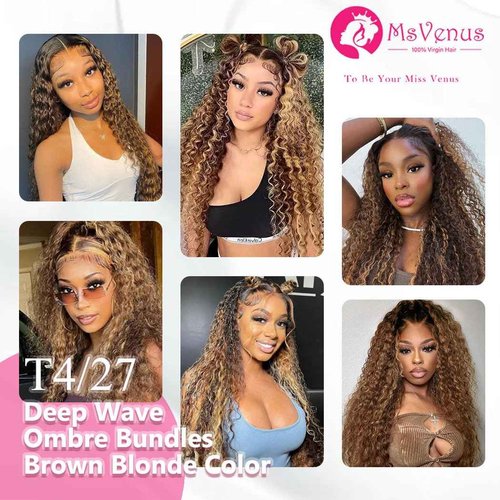 msVenus Ombre Human Hair Deep Wave Bundles T4/27# Brown to Honey Blonde Color Deep Curly Human Hair 3 Bundles for Women Wet and Wavy Bundle (18 20 22 Inches)