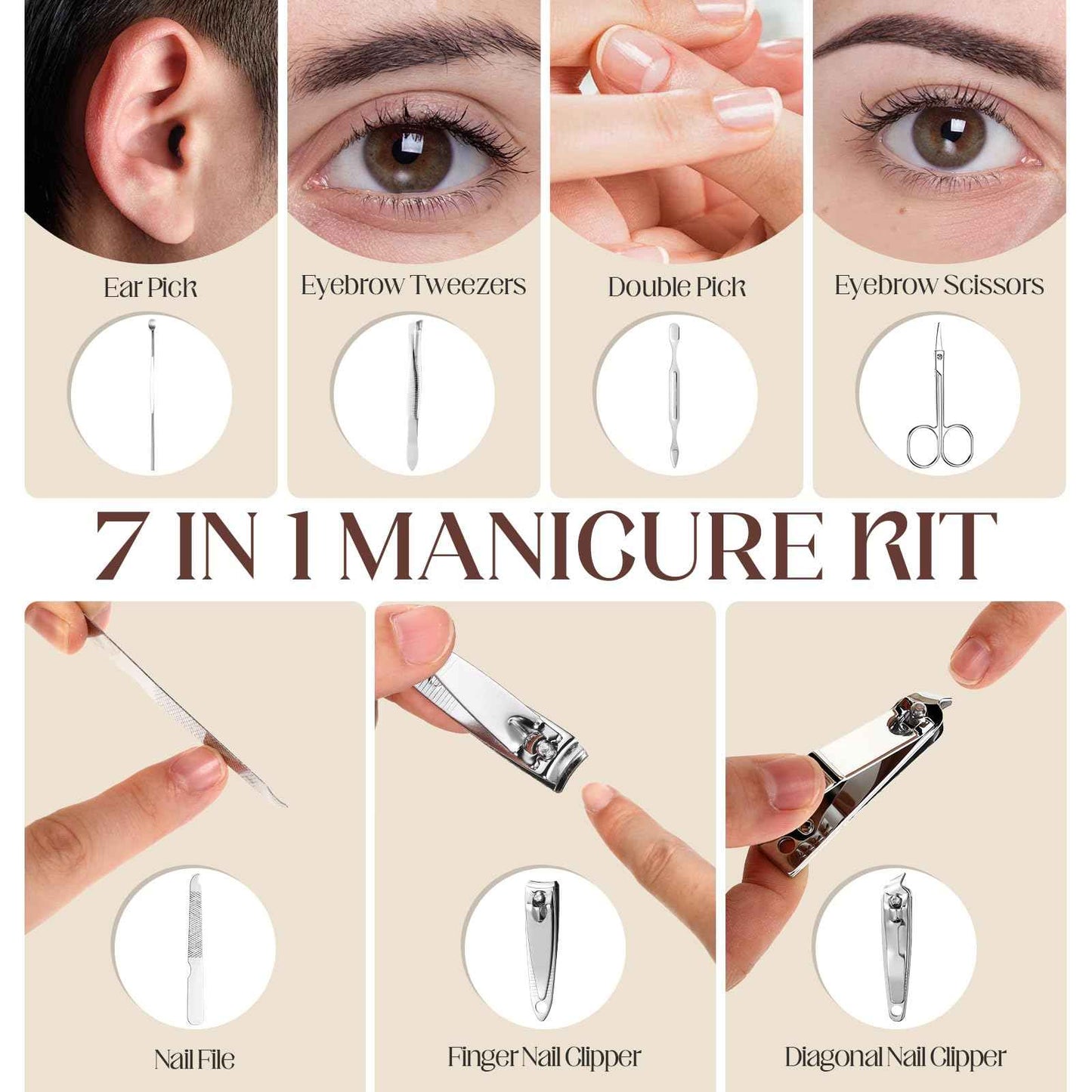 Lasnten 100 Bulk Nail Clipper Set Bulk Manicure Kit Stainless Steel Pedicure Professional Nail Care Kit with Travel Case Portable Grooming for Husband Men Women Family(Multicolor,7 in 1)