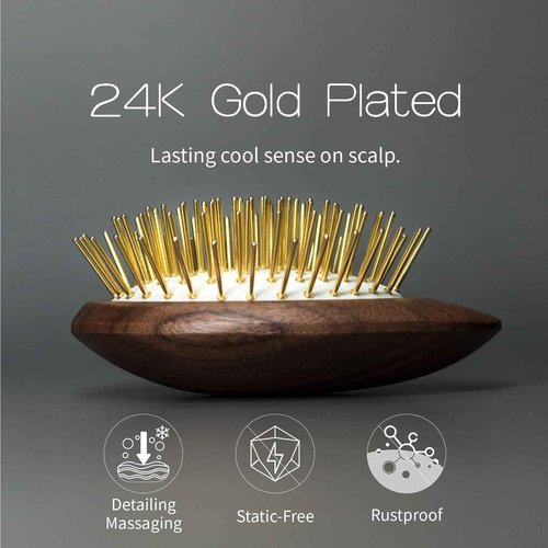 Uffy Acubrusher – 24K Gold-Plated Gua Sha Hair Brush - Ergonomic Scalp Massager for Dandruff & Hair Growth, Suitable for All Hair Types - Ideal Gift Choice in Walnut Wood