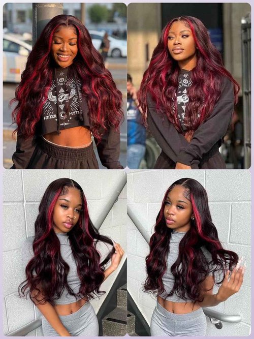AUROO Burgundy Highlight 2x6 HD Lace Closure With Bundles Body Wave,12A Thick Real Human Hair Bundle Wavy FB/99J Red Burgundy And Black Ombre Human Hair Bundle With Kim K Deep Part Closure 12 14 16+10