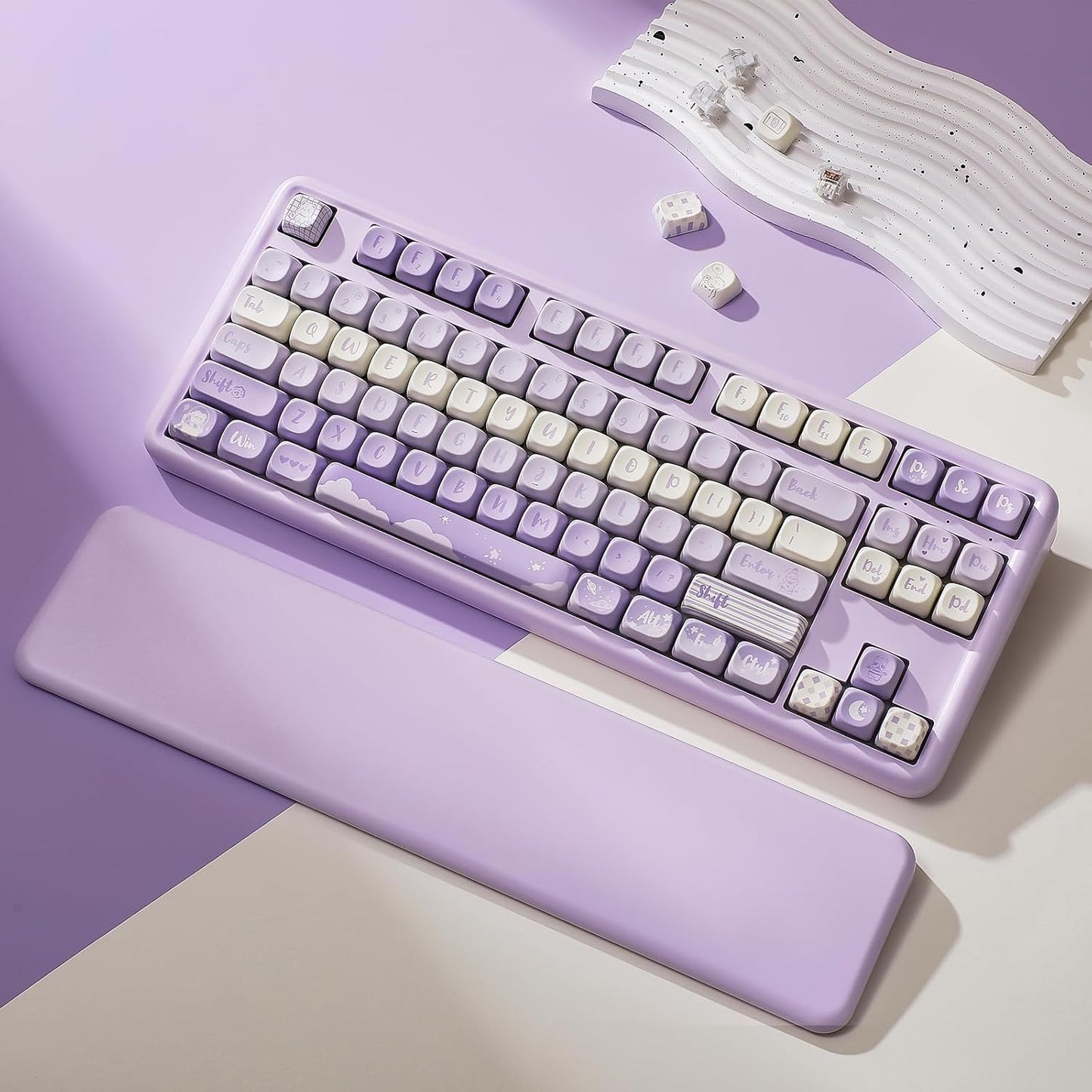 YUNZII B87 Wireless Mechanical Keyboard,QMK/VIA Programmable,TKL Layout 87 Keys,BT/2.4G/USB-C,Hot Swap Gasket Mount RGB Backlit Gaming with Wrist Rest for Win/Mac(Purple, Cocoa Cream V2)