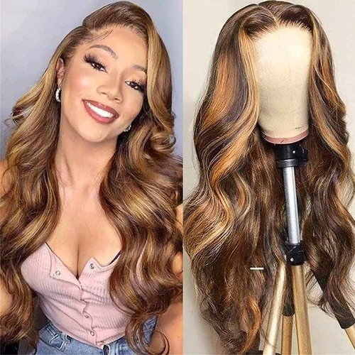 yamduly Honey Blonde Lace Front Wig Human Hair 13x4 HD Transparent 4/27 Highlight Ombre Lace Front Wigs Human Hair Pre Plucked With Baby Hair 180% Density Glueless Wig 18 Inch