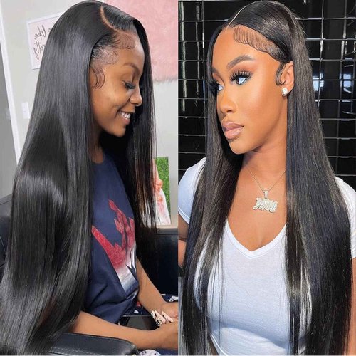 Mysyty Skin Straight Lace Front Wigs Human Hair with Baby Hair for Women 13x4 Straight HD Transparent Lace Frontal Wigs Human Hair Pre Plucked Glueless Wigs Natural Black Color 28 Inch 180 Density