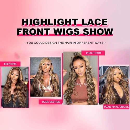 KKU Highlight Ombre 13x4 Lace Front Wigs Human Hair Pre Plucked 22 Inch HD Transparent 4/27 Honey Blonde lace frontal Wigs with Baby Hair 180% Density Body Wave Wig with Baby Hair