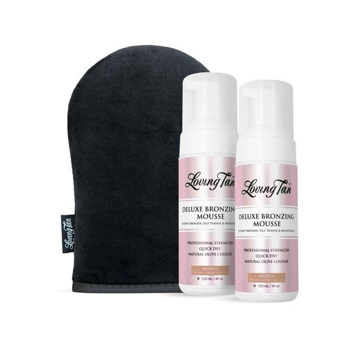 Loving Tan Deluxe Bronzing Mousse, Medium (2 Pack) + Deluxe Applicator Mitt - Streak Free, Natural looking, Professional Strength Sunless Tanner - Cruelty Free, Naturally Derived DHA - 4 FL Oz