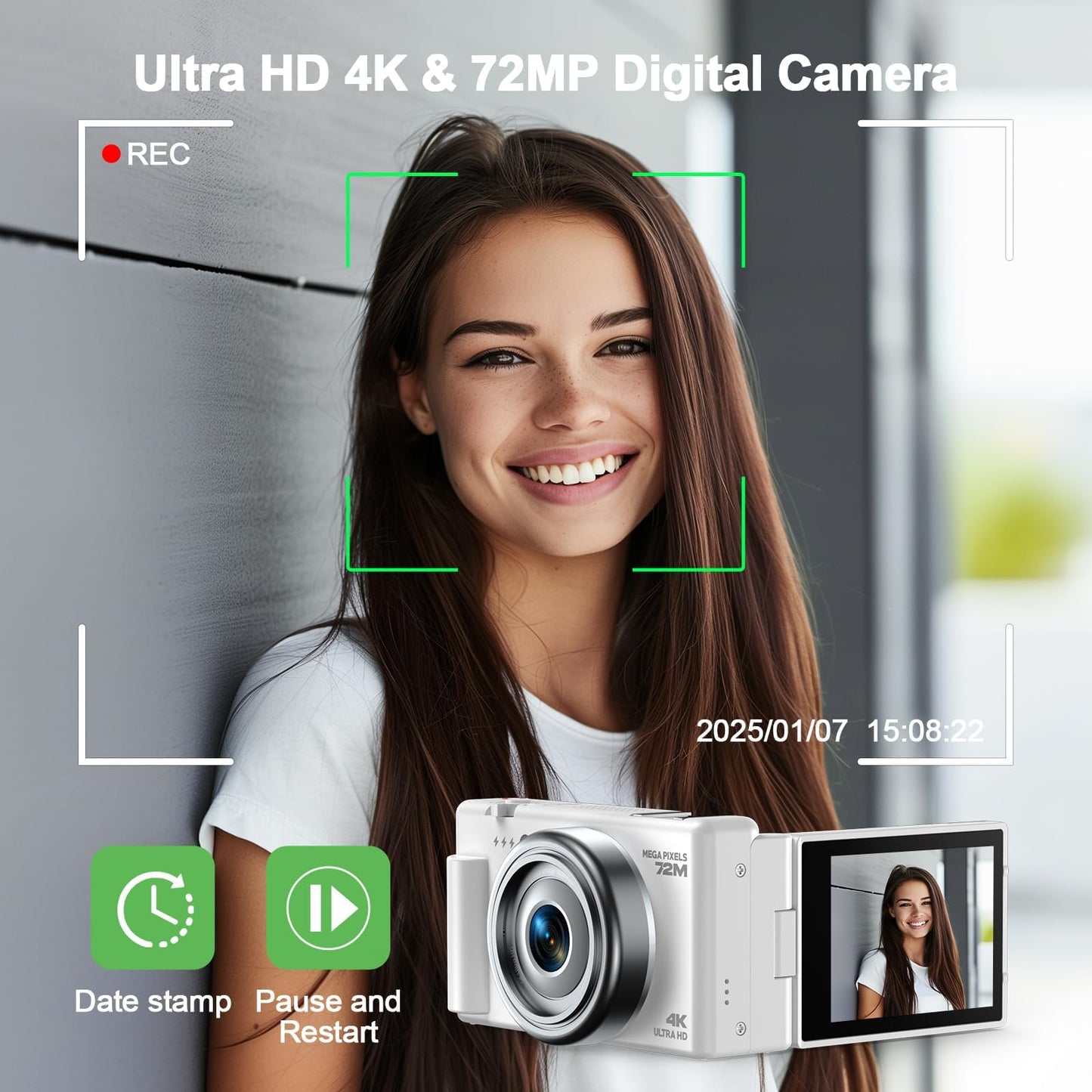 4K Digital Camera for Photography, 72MP Vlogging Camera for YouTube, Autofocus Digital Cameras with 270° Flip Screen, 18X Digital Zoom Point and Shoot Cameras with 64GB TF Card & Battery, Carry Bag