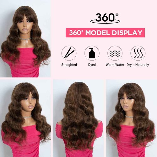 Rebecca Fashion 20 Inch Body Wave Wig with Bangs Human Hair Wigs for Black Women None Lace Front Wigs 10A Brazilian Virgin Hair Glueless Machine Made Wig Highlight Brown Blonde Color