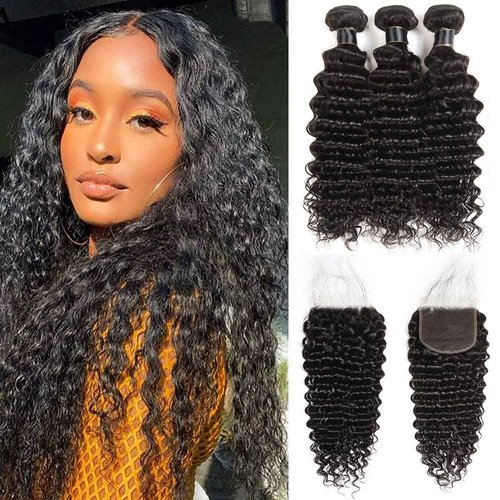 Deep Wave Bundles With Closure (18 20 22+16) Wet and Wavy Human Hair 10A Brazilian Virgin Curly Hair Weave 3 Bundles With 4x4 HD Lace Closure Free Part Natural Color