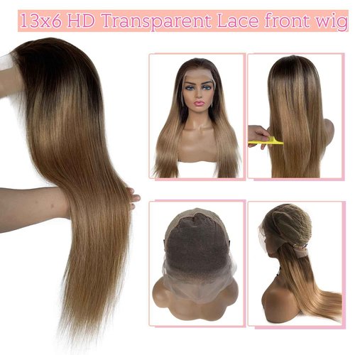 Ombre Blonde Lace Front Wig Human Hair,Glueless Blonde 13x6 HD Lace Front Wigs Human Hair Pre Plucked #4/27 Colored Ombre Brown to Blonde Straight Lce Frontal Human Hair Wig for Women Free Part