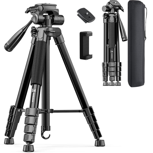 73" Camera Tripod Stand, Aluminum Tripod with Phone Holder, Travel Bag, Compatible with GoPro/DSLR/Cell Phone/Camcorder, Max Load 8.8LB (Black)