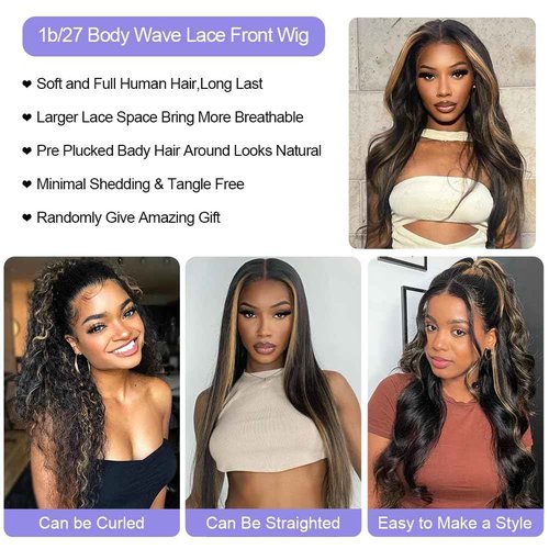Aveiyce 13x6 Highlight Ombre Balayage Lace Front Wigs Human Hair 1b/27 Black and Blonde Lace Frontal Body Wave Wig Pre Plucked with Baby Hair for Black Women HD Transparent 180% Density Wig 18 Inch