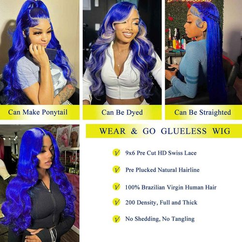 RUOXUAN Blue 9x6 Body Wave Lace Front Wigs Human Hair Pre Plucked With Baby Hair 200% Density Dark Blue Human Hair Pre Cut For Women HD Transparent Lace Frontal Colored Wigs 20 Inch