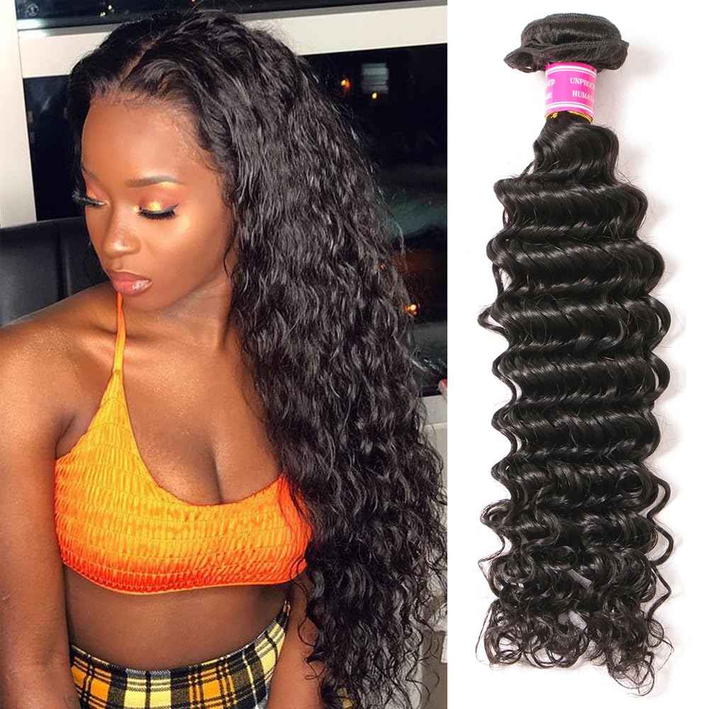 12A Deep Wave Human Hair Bundles Deep Wave Curly Bundles Human Hair 100% Unprocessed Brazilian Virgin Remy Wet and Wavy Human Hair Weave Bundles Natural Black 1 Bundles 22 Inch