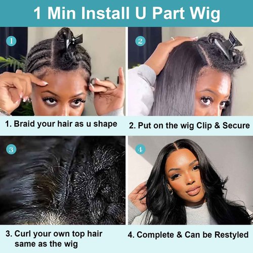EMOL U Part Human Hair Wig Body Wave 22 Inches Upart Wig for Black Women Long Wavy Brazilian Remy Human Hair Glueless Wigs Natural Black Breathable No Sew In Beginner Friendly
