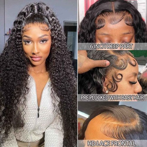 SYHGK 13x6 Deep Wave Lace Front Wigs Human Hair Wigs HD Transparent Deep Curly Lace Frontal Glueless Wigs Human Hair Lace Front Wigs Pre Plucked 200% Density Natural Black 24 Inch
