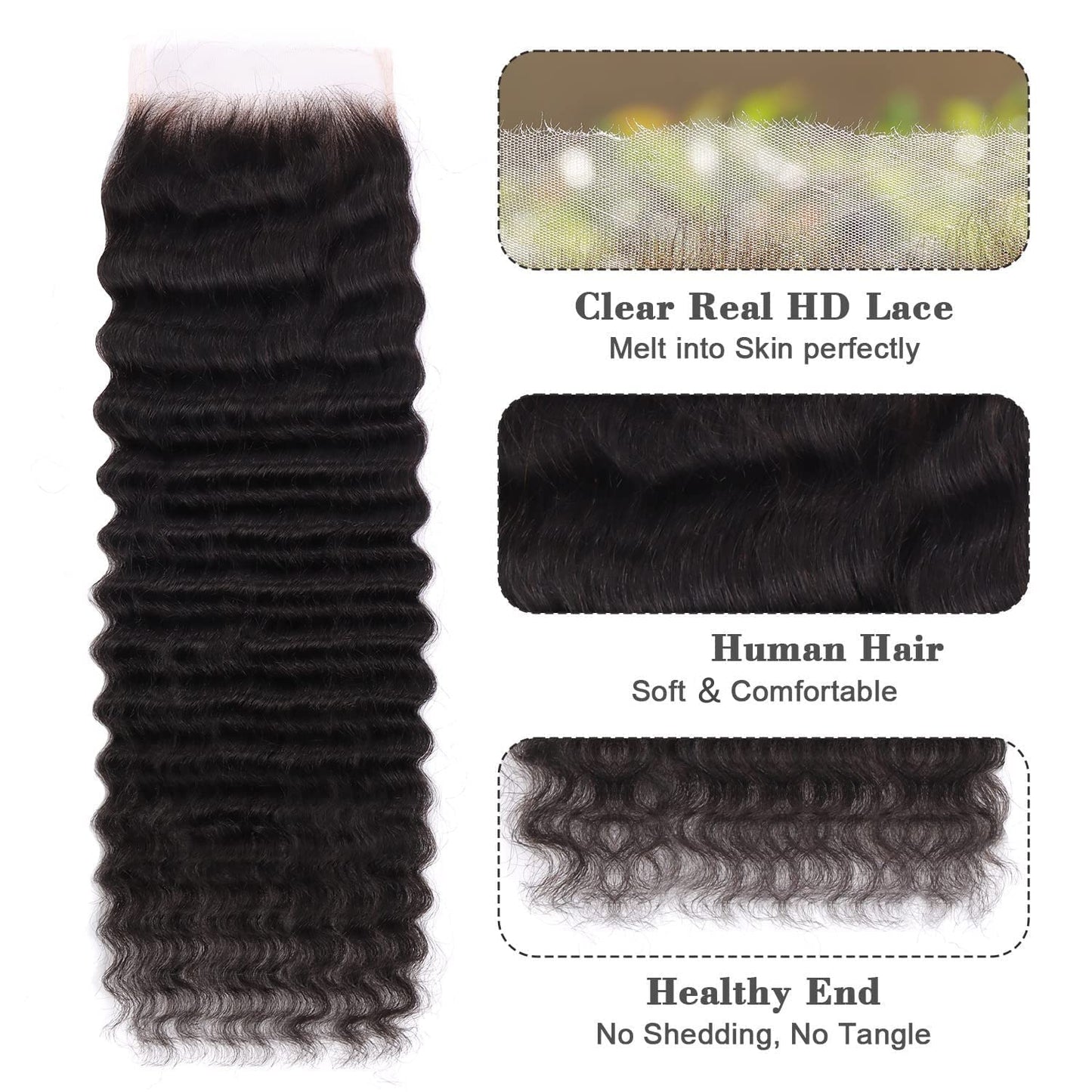 MY SHINY WIGS Real 5x5 HD Lace Closure Deep Wave Human Hair Closure Bleached Knots Pre Plucked Swiss Lace Closure Invisible Knots Natural Black 12 Inch