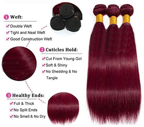 Xddnamei Brazilian Virgin Human Hair Bundles Burgundy 99J Straight Wave Bundles Human Hair 18 20 22 inch Unprocessed Brazilian Wine Red Quick Weave Hair for Black Women