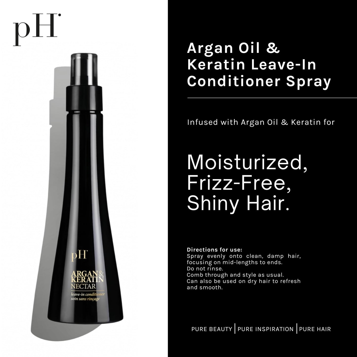 pH PURE HAIR Argan Oil & Keratin Leave-In Conditioner Spray - Argan Oil Hair Spray with Moisturizing, Anti-Frizz & UV Protection for Damaged, Color-Treated Hair, Adds Shine & Volume - 5.1 oz