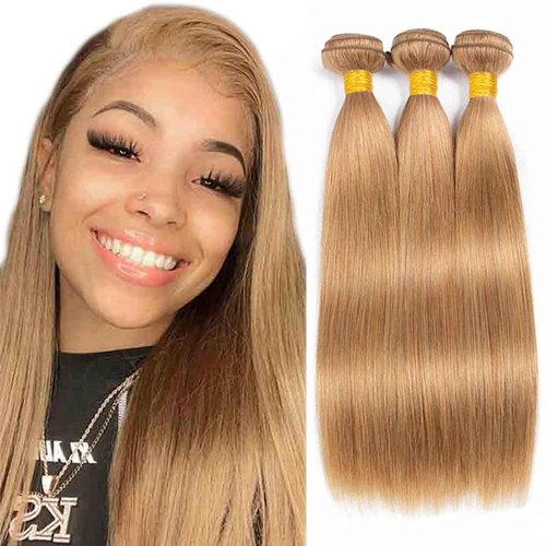 Fabimiya 16 18 20 Inch Human Hair Bundles Honey Blonde 27# Straight Bundles Human Hair 100% Unprocessed Soft Sewn In Hair with Double Weft for Black Women