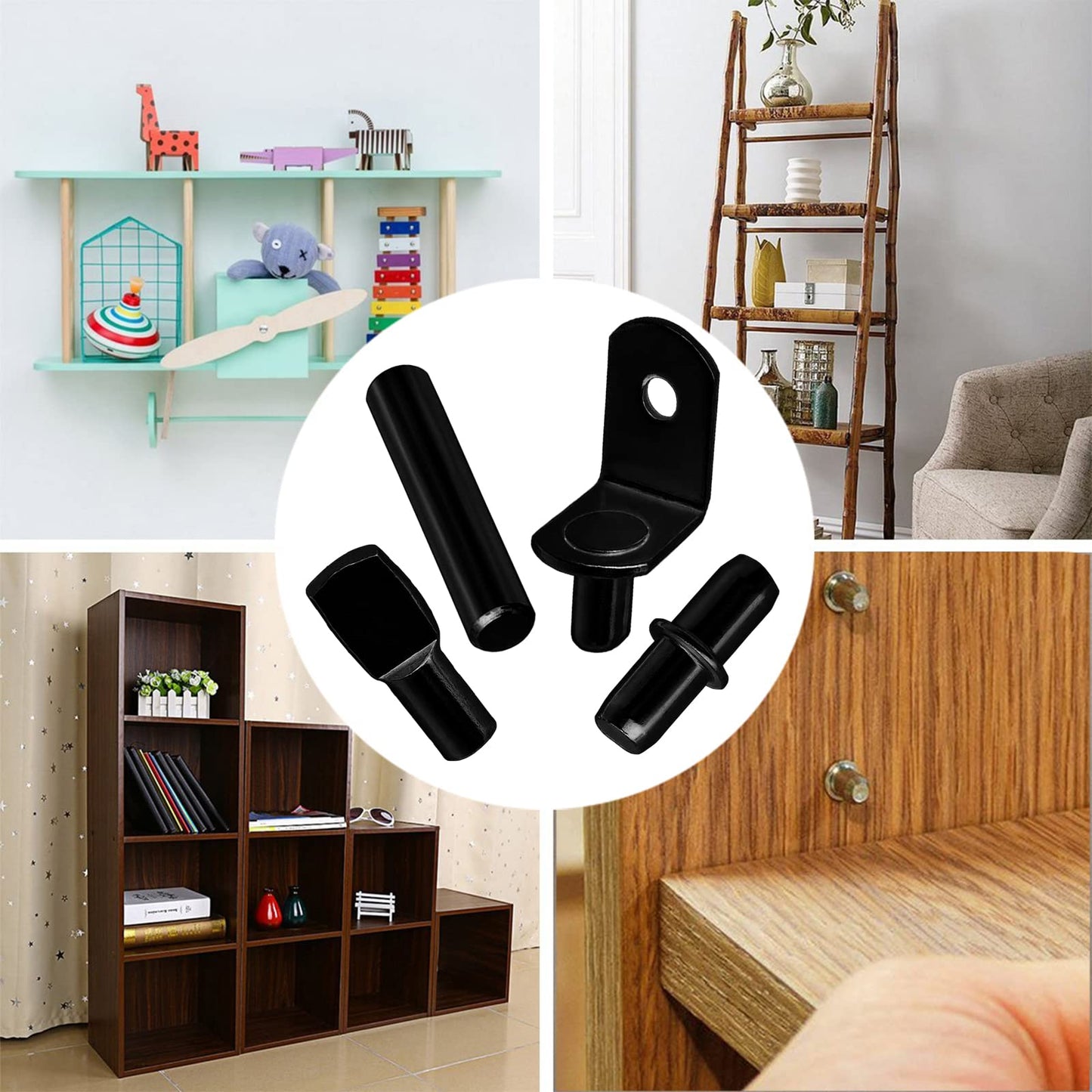 104Pcs Shelf Pins Pegs Kit,4 Styles Shelf Support Pegs,Bookshelf Pegs for Shelves,Cabinet Shelf Bracket Pegs Shelf Holders Pins for Kitchen Furniture & Closet (5mm & 1/4 inch,Black)