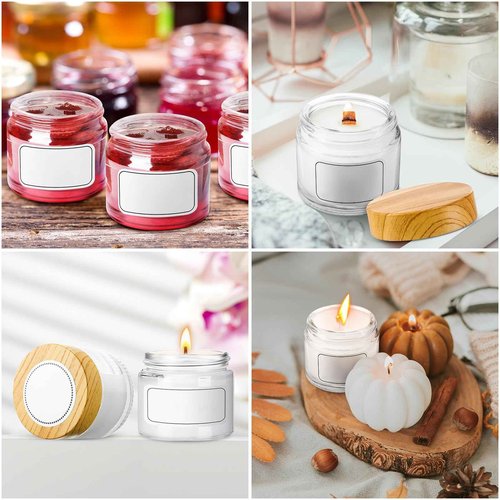 Layhit 64 Pcs 2oz Glass Jars with Lids Clear Small Jars with Plastic Woodgrain Lids, White Labels and Inner Liners Empty Round Cosmetic Containers for Creams Lotions Candle Making (2oz/ 60ml)