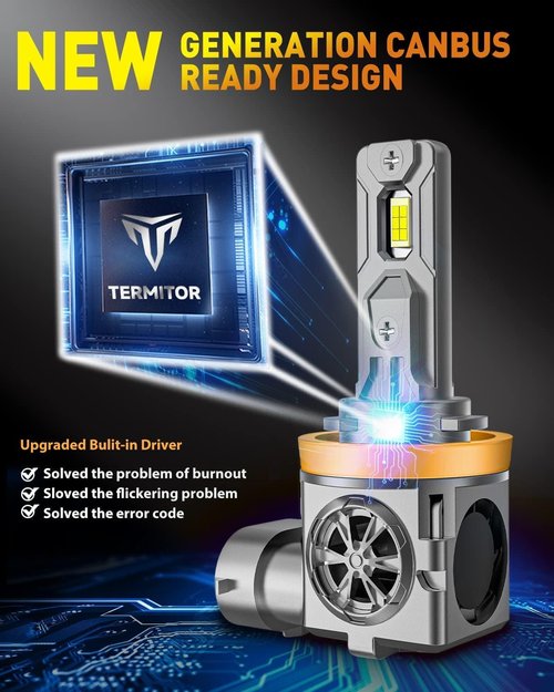Termitor Latest H11/H9 Bulbs, 46,000LM 900% Ultra-Brightness, Real 1:1 Halogen Mini Size, 10-Year Extended Lifespan, 6500K White Illumination for Automotive H11 Fog Lights, Plug and Play, Pack of 2