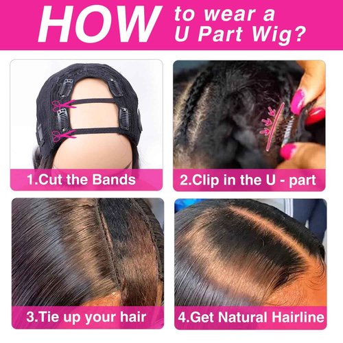 Homgoss U Part Wigs With Drawstring for Women Straight Human Hair Wigs 200% Density U Part Human Hair Wigs Can Be Dyed and Bleached(#1B Natural Black, 20 inch)