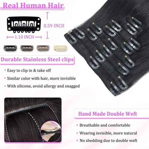 24INCH Clip In Hair Extensions Real Human Hair, Remy Human Hair Extensions 8PCS Long Soft Natural Hair piece 14-28 Inch Straight Hair Extension for Women(80g-120g 1B# Natural Black)