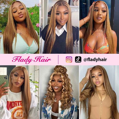 Flady Highlight Ombre Lace Front Wig Human Hair Pre Plucked Glueless HD Lace Frontal Wig 4/27 Straight Wigs Human Hair Ombre Brown Blonde Wig 150Density