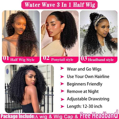 yamduly Half Wig Human Hair 200% Density Water Wave Glueless Wear and Go Wig with Adjustable String Seamless Flip Over Invisible Hairline Beginner Friendly Clip-In Headband Wig 16 Inch