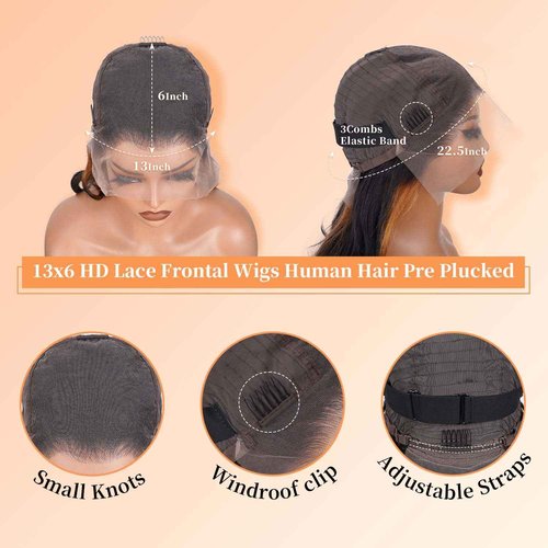 Afribye 13x6 Highlight Body Wave Lace Front Wigs Human Hair 200% Density FB/30 Ombre Frontal Wigs Human Hair Pre Plucked Short Wigs for Black Women Glueless Balayage HD Lace Wig Loose Wavy 14 inch