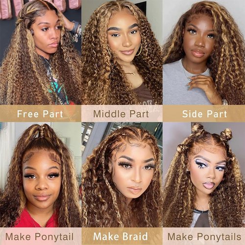 Ladoux Ombre Lace Front Wig Human Hair 13x4 HD Transparent Deep Wave for Women 180% Density 4/27 Honey Blonde Colored Highlight Curly Glueless Wigs 16Inch Pre Plucked with Baby Hair
