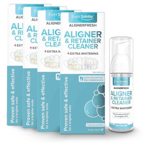 EverSmile AlignerFresh Extra Whitening Foam – Cleaner Compatible w/Invisalign and All Clear Aligners and Retainers – Eliminates Bacteria, Whitens Teeth, Fights Bad Breath – 50ml (4 Pack)