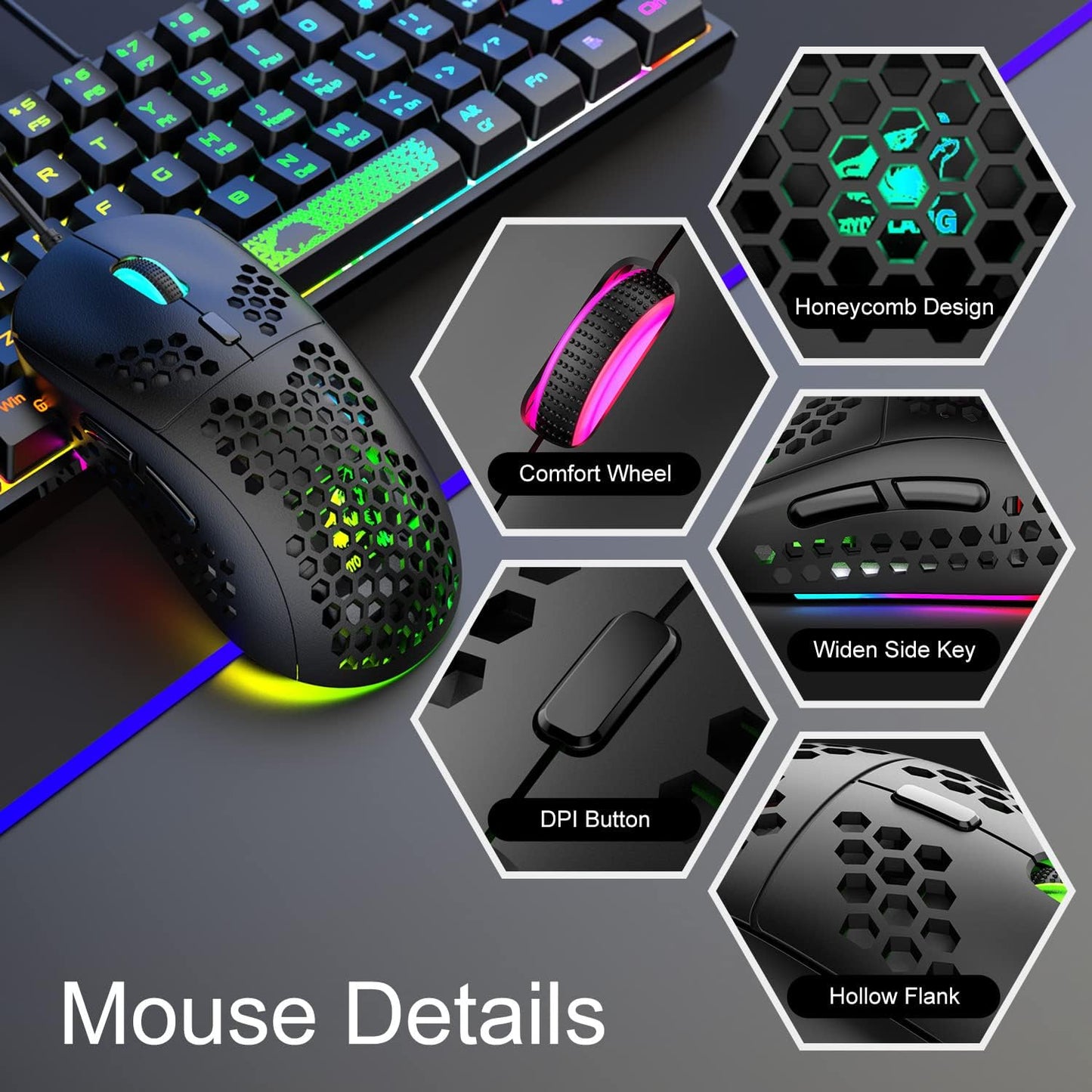 60% Gaming Keyboard and Mouse Combo Small Mini RGB Backlight Mechanical Feeling and Mechanical RGB 6400 DPI Honeycomb Optical Mouse,Gaming Mouse pad for Gamers and Typists Black