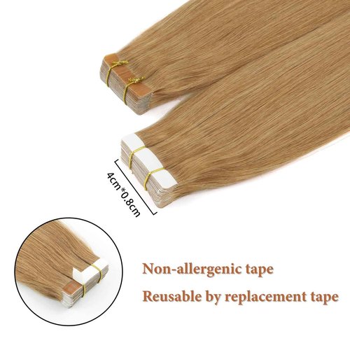Lovrio Real Human Hair Tape in Hair Extensions, Colored strawberry Blonde #27 Seamless Skin Weft Human Hair 50 Gram 16 Inch 20 Pieces