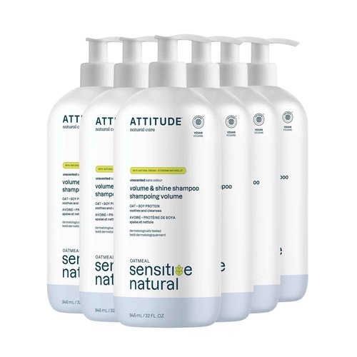 ATTITUDE Hair Shampoo for Sensitive Dry Scalp, EWG Verified, Soothing Oat, For Thin Hair, Naturally Derived Ingredients, Vegan and Plant-Based, Volume and Shine, Unscented, 32 Fl Oz (Pack of 6)