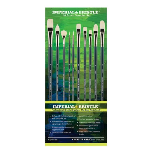 Creative Mark Imperial Professional Chungking Hog Bristle Brush - Assorted Styles Set of 10, Handmade Long Handle Oil Paint Brushes for Artists, Nickel